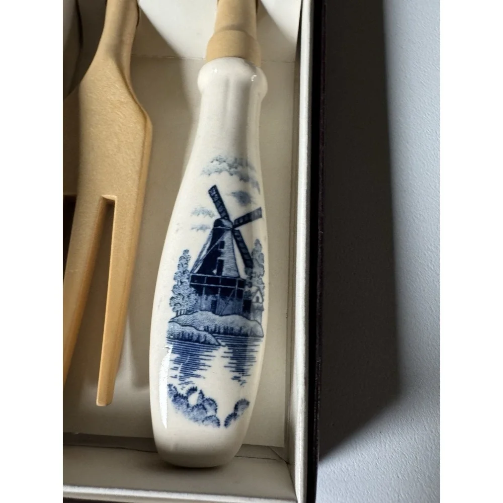 Vintage Delft Style Windmill Wood Ceramic Salad Servers Boxed Set